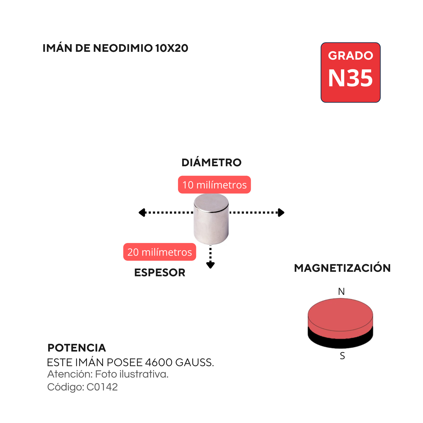 Imán de neodimio 10x20mm