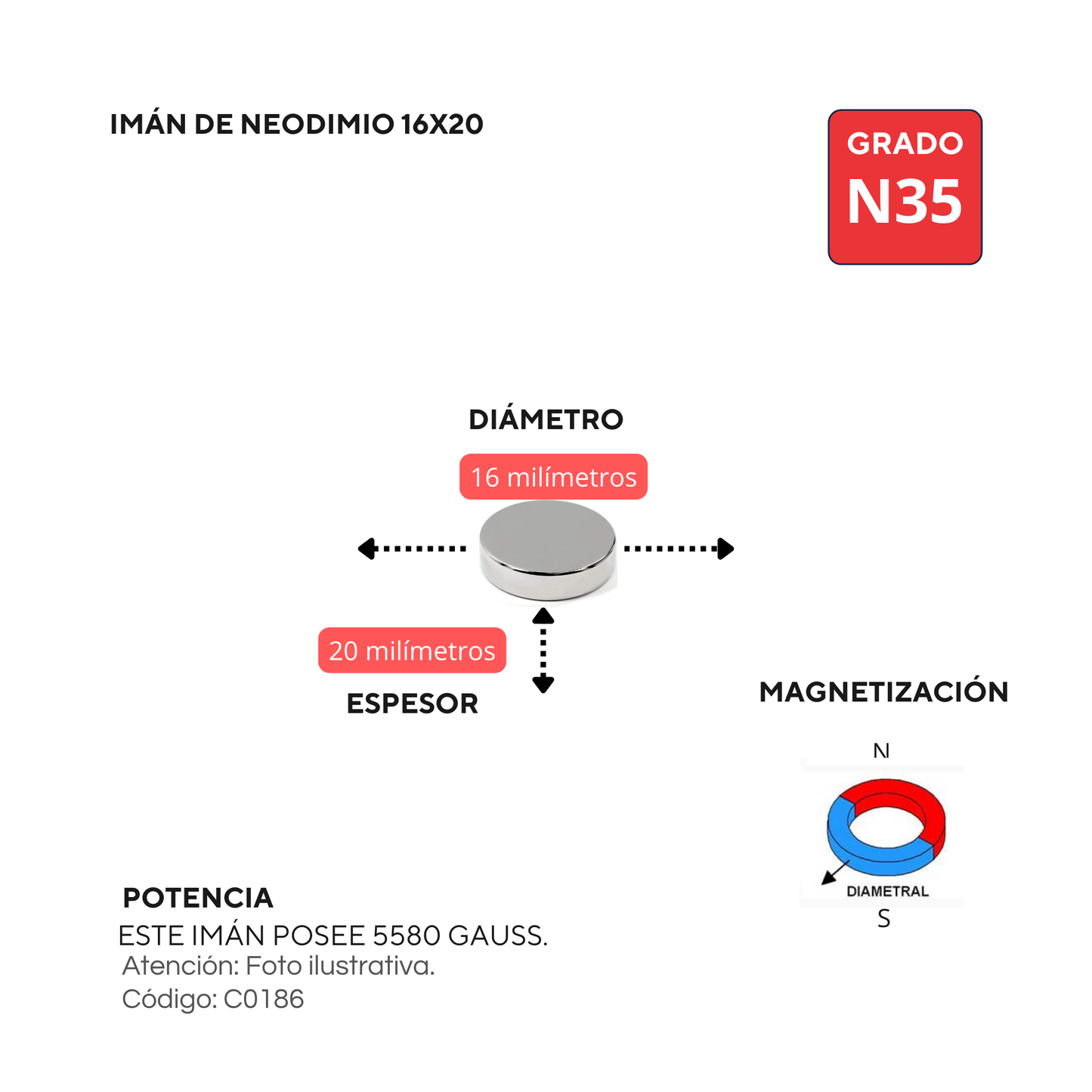 Imán de neodimio 16x20mm