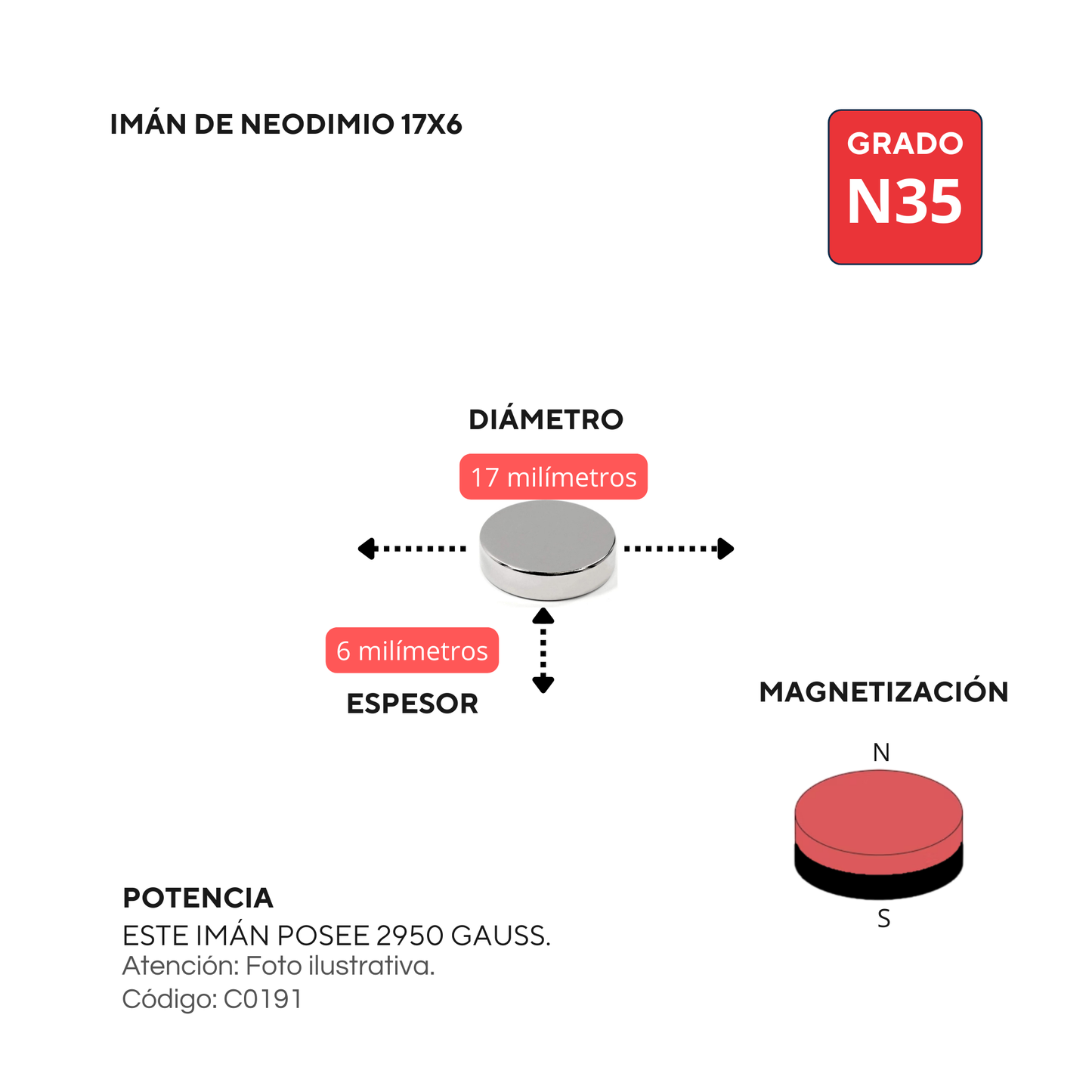 Imán de neodimio 17x6mm
