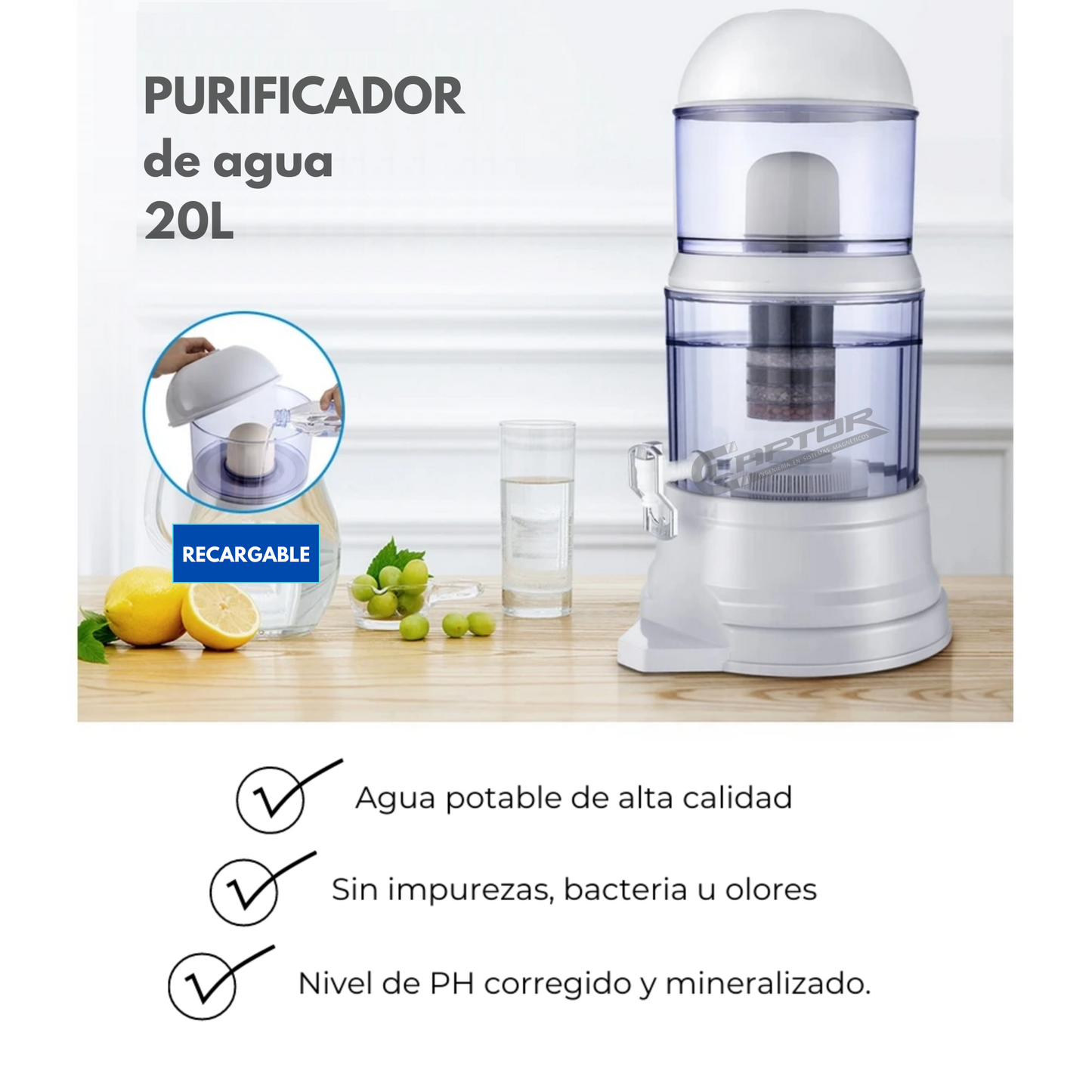 Purificador de agua 20 litros con grifo magnético