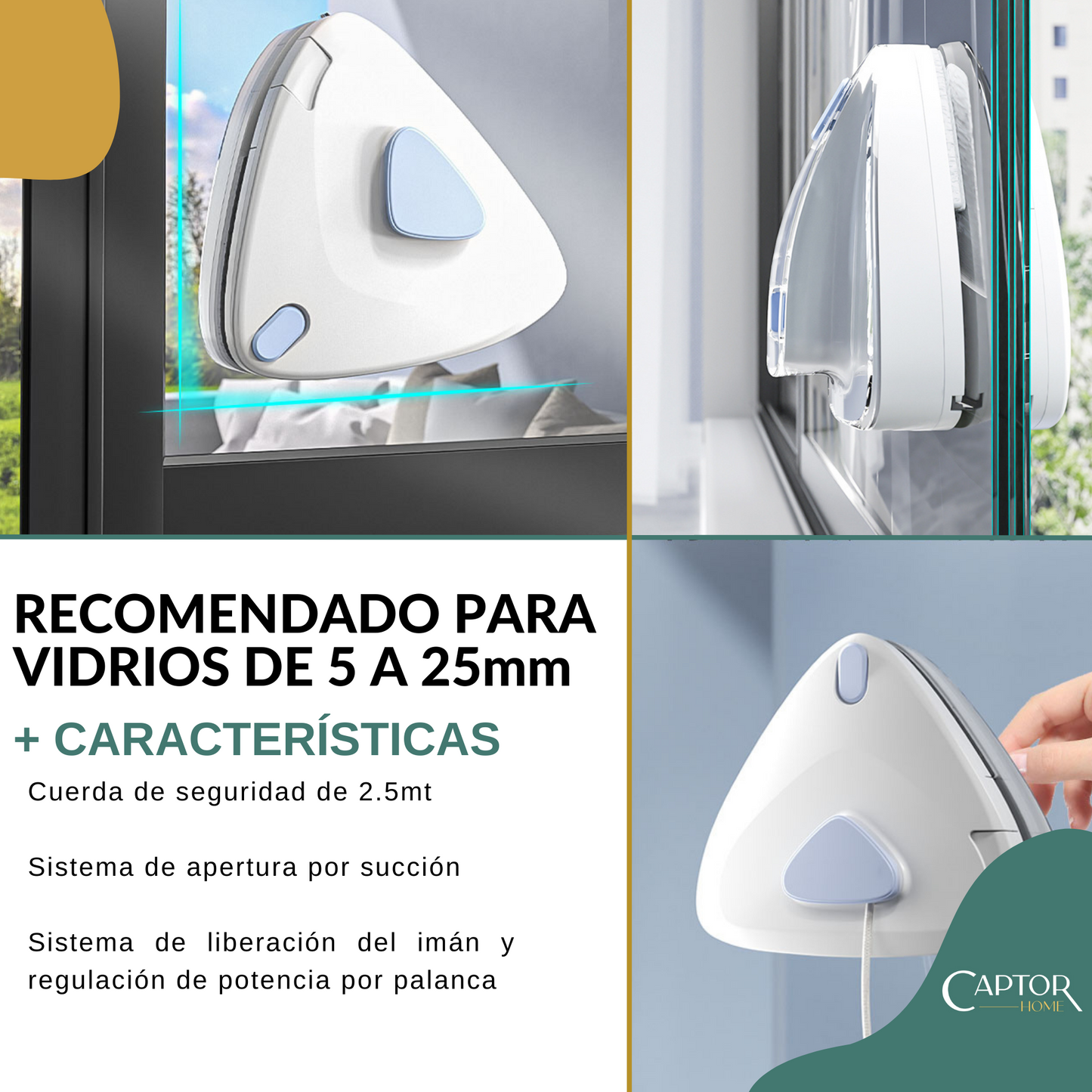 Limpiavidrios magnético regulable, recargable para vidrios de 5 a 25mm