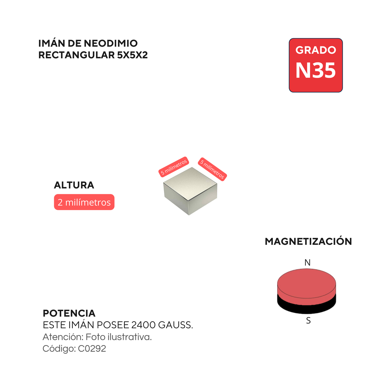 Imán de neodimio cuadrado 5x5x2mm