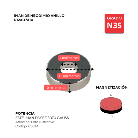 Imán de neodimio tipo anillo D12xd7x10 mm