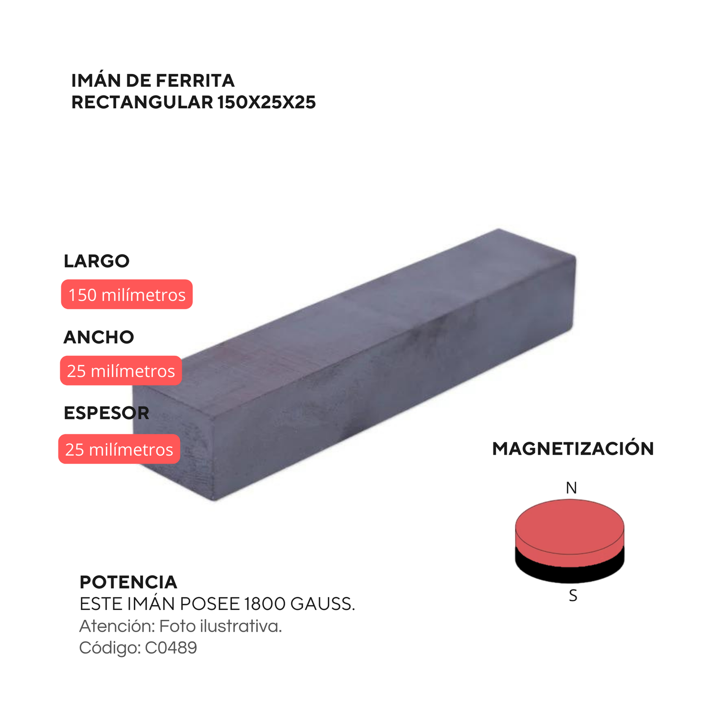 Imán de ferrita rectangular 150x25x25mm