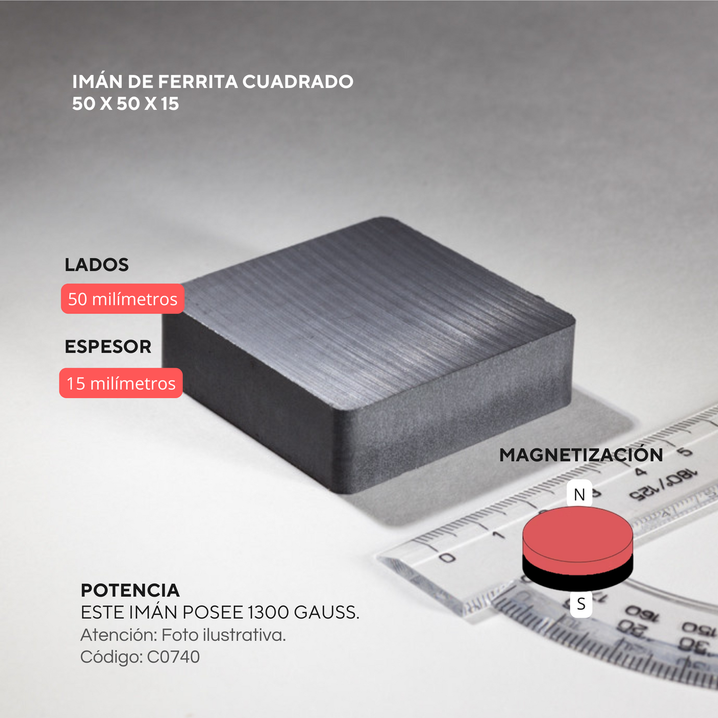 Imán de ferrita cuadrado 50x50x15mm