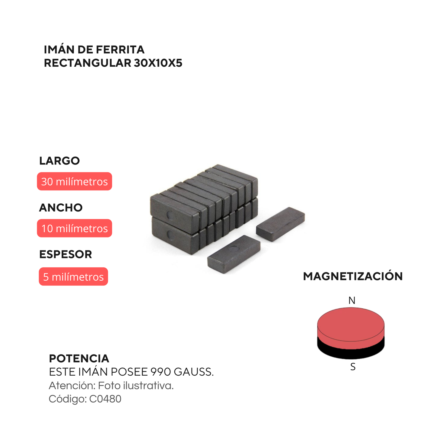 Imán de ferrita rectangular 30x10x5mm