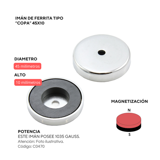 Imán de ferrita tipo copa 45x10mm