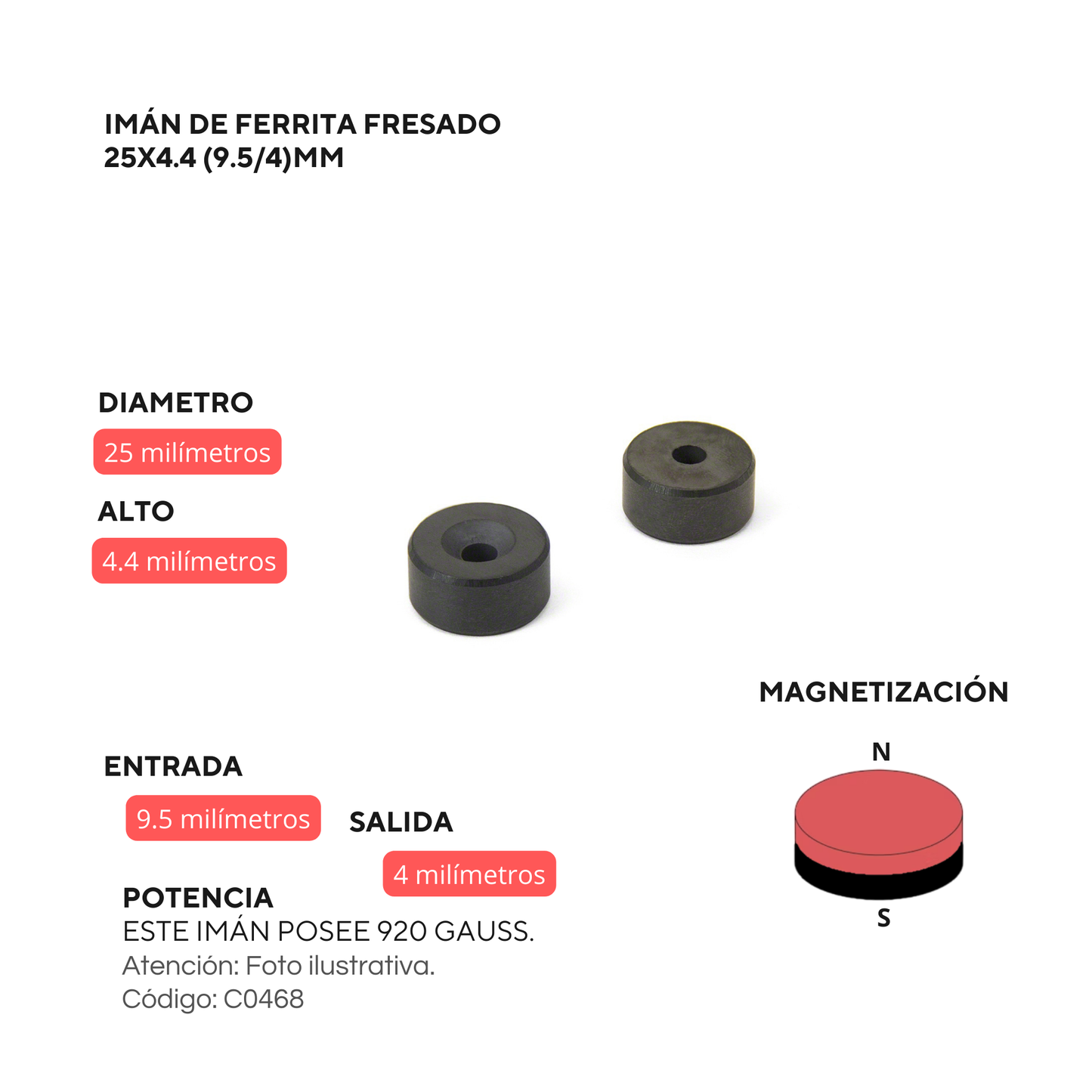 Imán de ferrita con orificio fresado 25x4.4 (9.5/4)mm