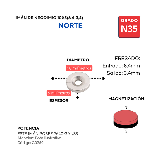 Imán de neodimio fresado 10 X 5 (6.4/3.4) NORTE