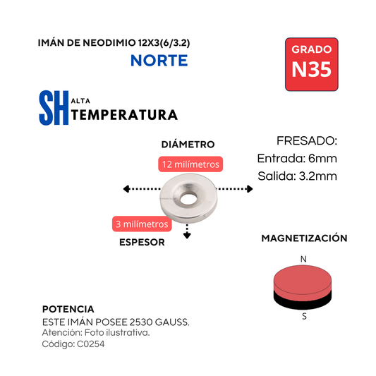 Imán de neodimio fresado 12 X 3 (6/3.2) NORTE - ALTA POTENCIA