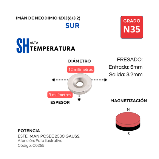 Imán de neodimio fresado 12 X 3 (6/3.2) SUR - ALTA POTENCIA