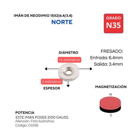 Imán de neodimio fresado 15 X 2 (6.4/3.4) NORTE