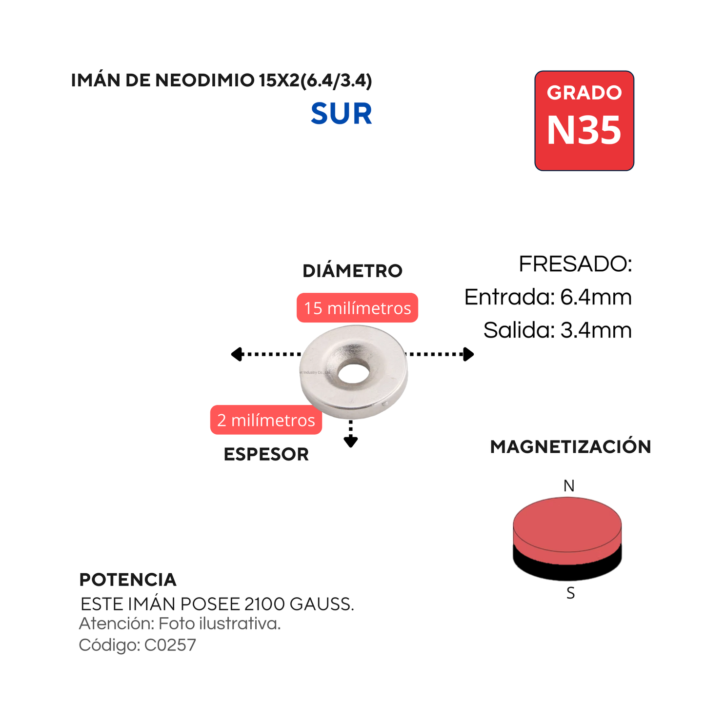 Imán de neodimio fresado 15 X 2 (6.4/3.4) SUR