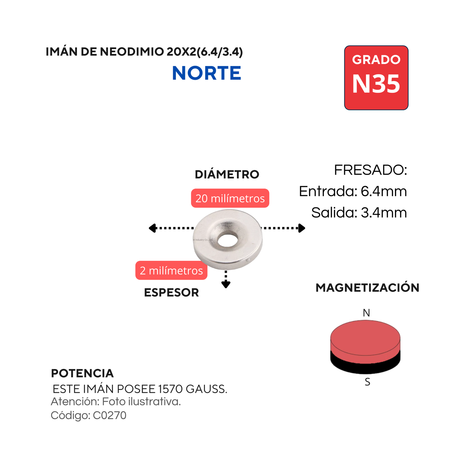 Imán de neodimio fresado 20 X 2 (6.4/3.4) NORTE