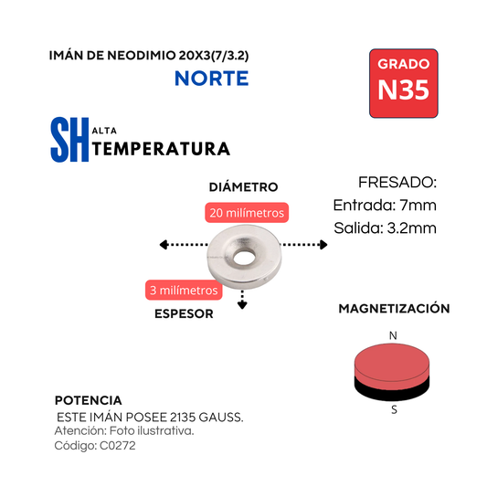 Imán de neodimio fresado 20 X 3 (7/3.2) NORTE - ALTA TEMPERATURA