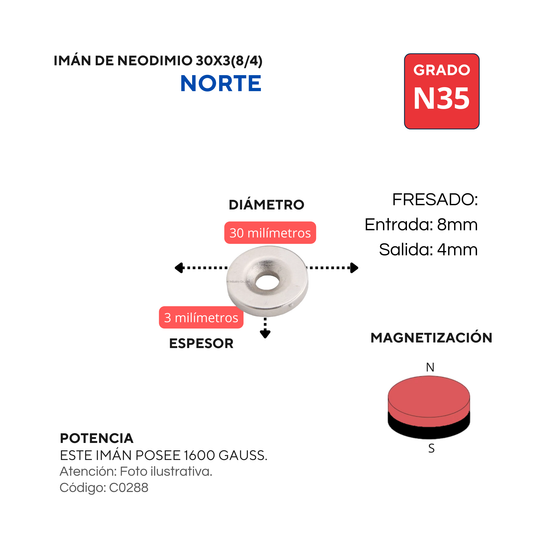 Imán de neodimio fresado 30 X 3 (8/4) NORTE