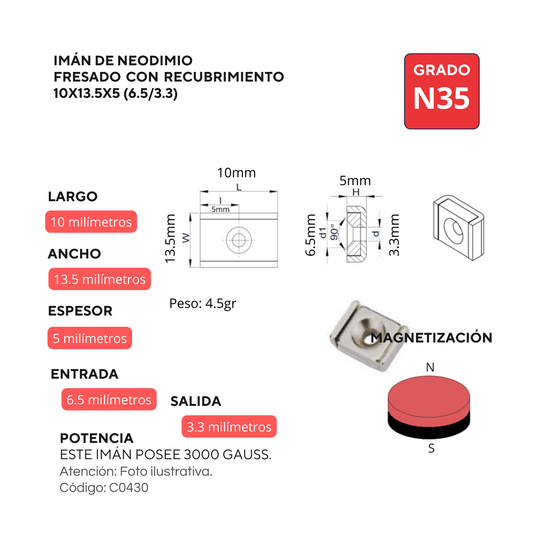 Imán de neodimio rectangular con recubrimiento fresado 10x13.5x5(6.5/3.3)mm