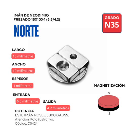 Imán de neodimio rectangular con orificio fresado 15x10x4(6.5/4.2)mm NORTE