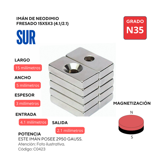 Imán de neodimio rectangular con orificio fresado 15x5x3(4.1/2.1)mm SUR