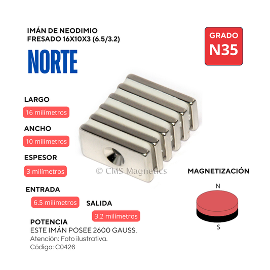 Imán de neodimio rectangular con orificio fresado 16x10x3(6.5/3.2)mm NORTE