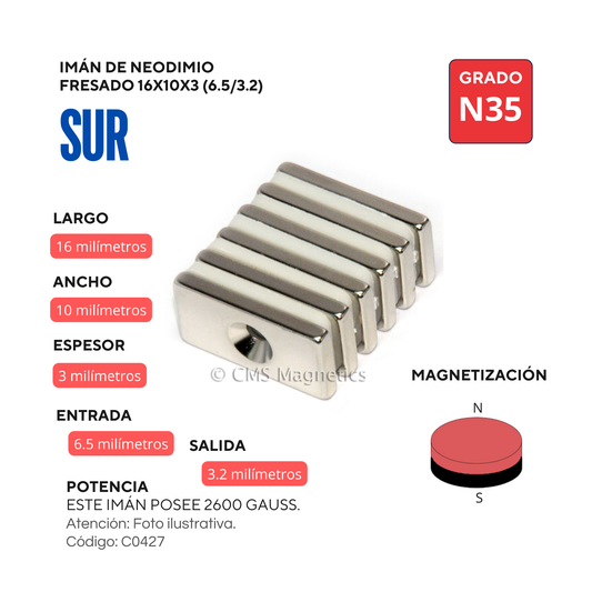 Imán de neodimio rectangular con orificio fresado 16x10x3(6.5/3.2)mm SUR