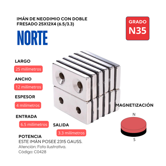 Imán de neodimio rectangular con doble orificio fresado 25x12x4(9/3)mm NORTE