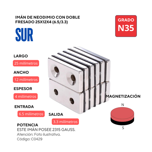 Imán de neodimio rectangular con doble orificio fresado 25x12x4(9/3)mm SUR