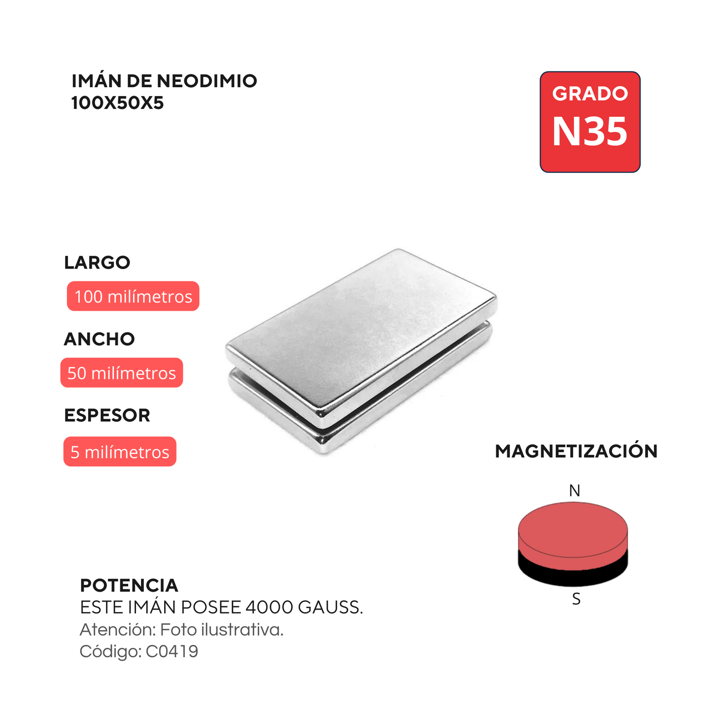 Imán de neodimio rectangular 100x50x5mm