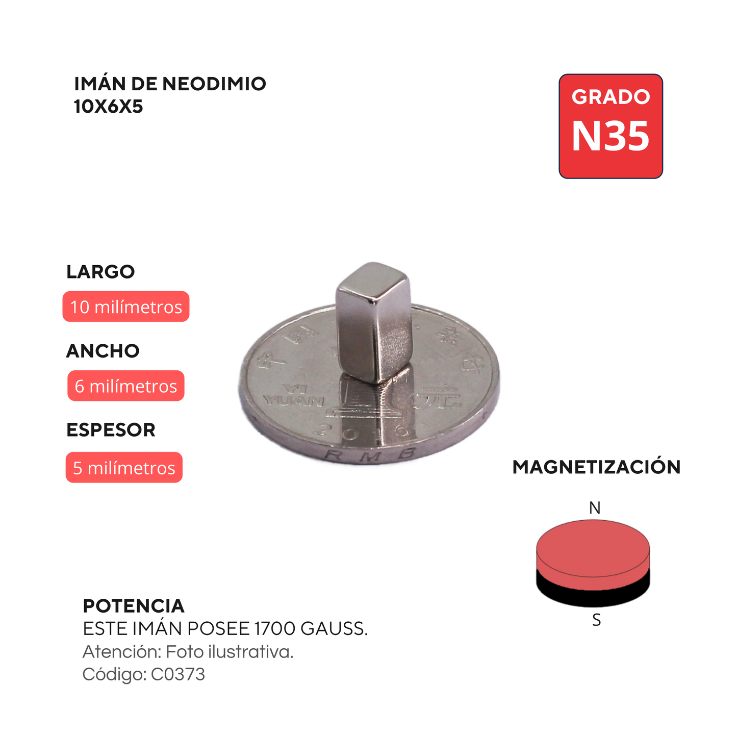Imán de neodimio rectangular 10 x 6 x 5mm