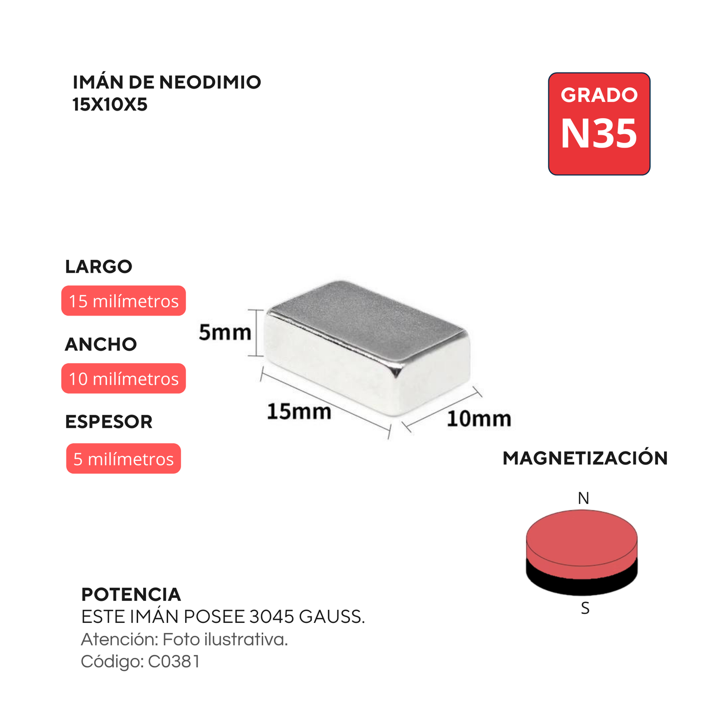 Imán de neodimio rectangular 15x10x5mm