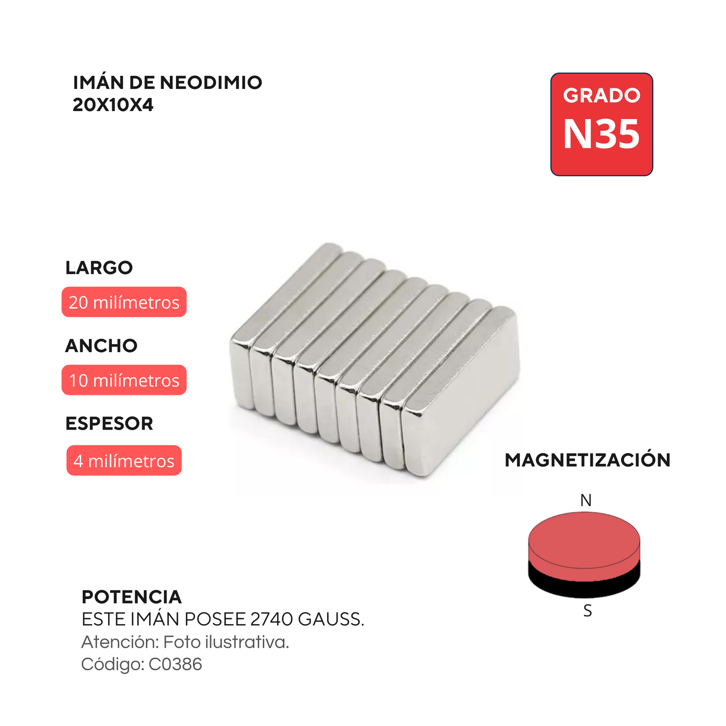 Imán de neodimio rectangular 20x10x4mm