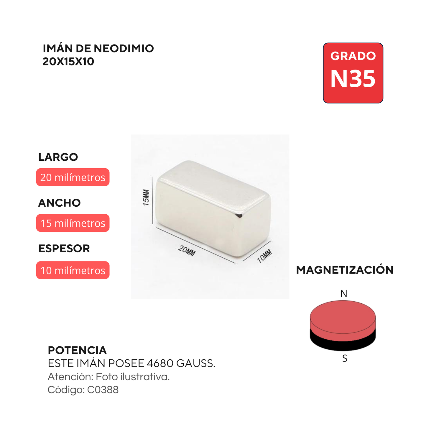Imán de neodimio rectangular 20x15x10mm