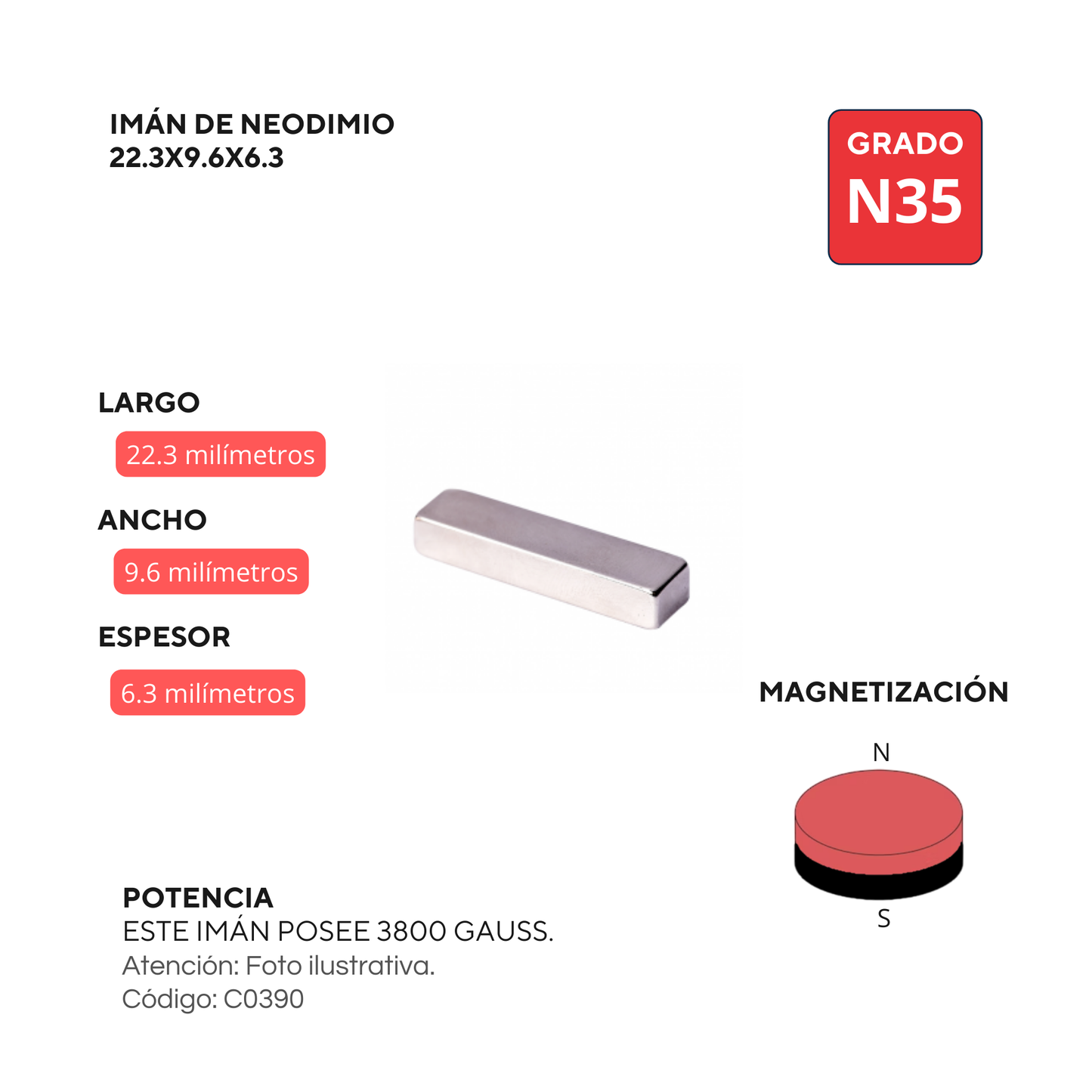Imán de neodimio rectangular 22.3x9.6x6.3mm