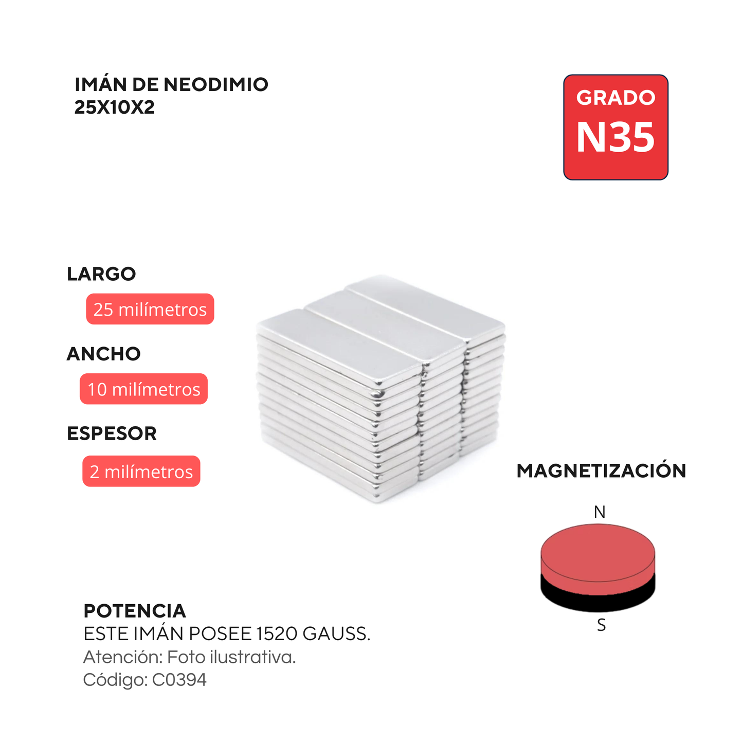 Imán de neodimio rectangular 25x10x2mm