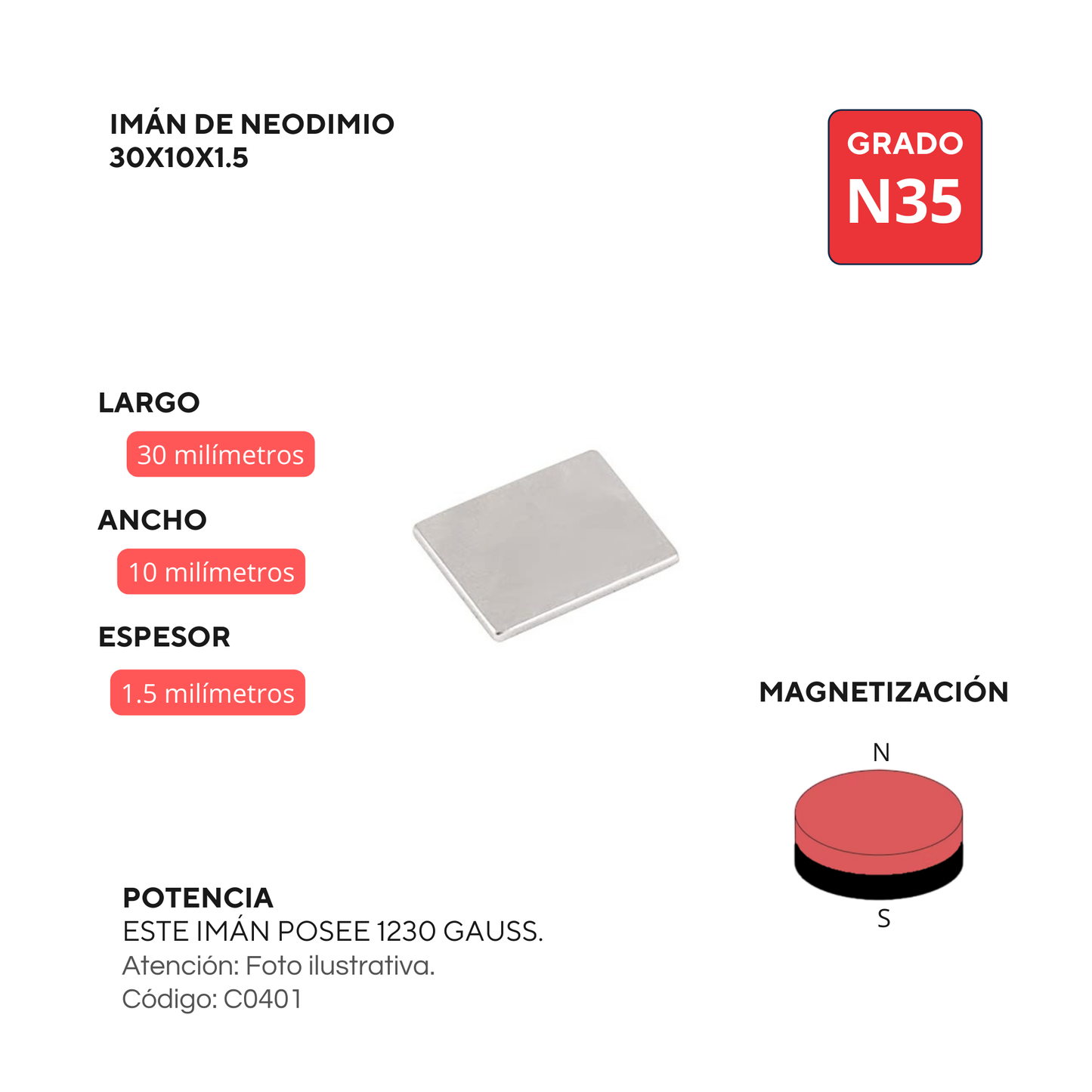 Imán de neodimio rectangular 30x10x1.5mm
