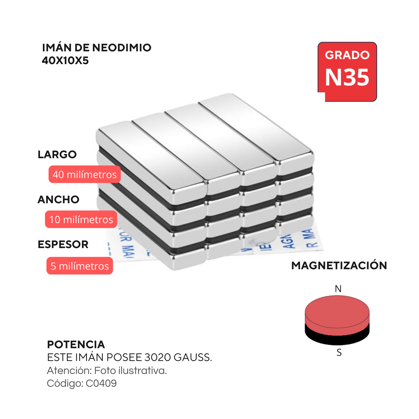 Imán de neodimio rectangular 40x10x5mm