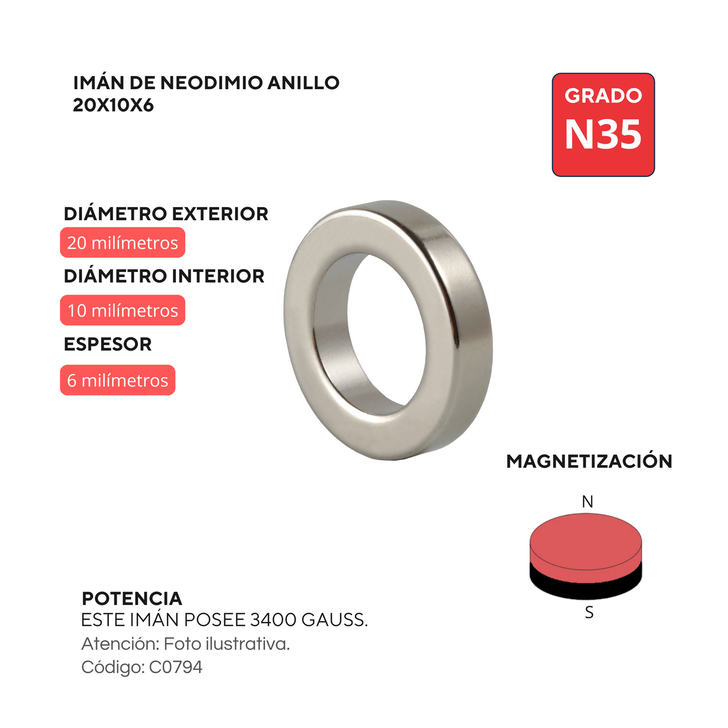 Imán de neodimio tipo anillo D20Xd10x6 mm